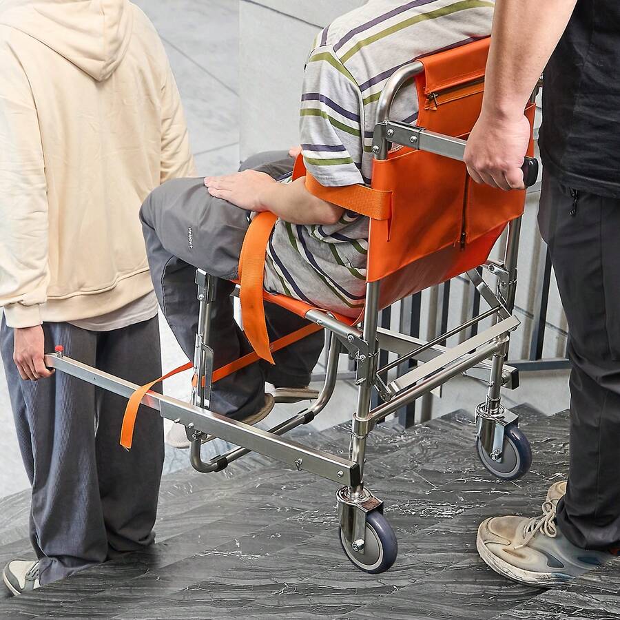 EMS Silla de escalera, capacidad de carga de 350 libras, silla de ruedas plegable de aluminio para subir escaleras de emergencia con 2 ruedas, silla elevadora de escaleras portátil, uso de evacuación de ambulancia, bomberos, para ancianos, discapacitados - Plateado - Ver 1