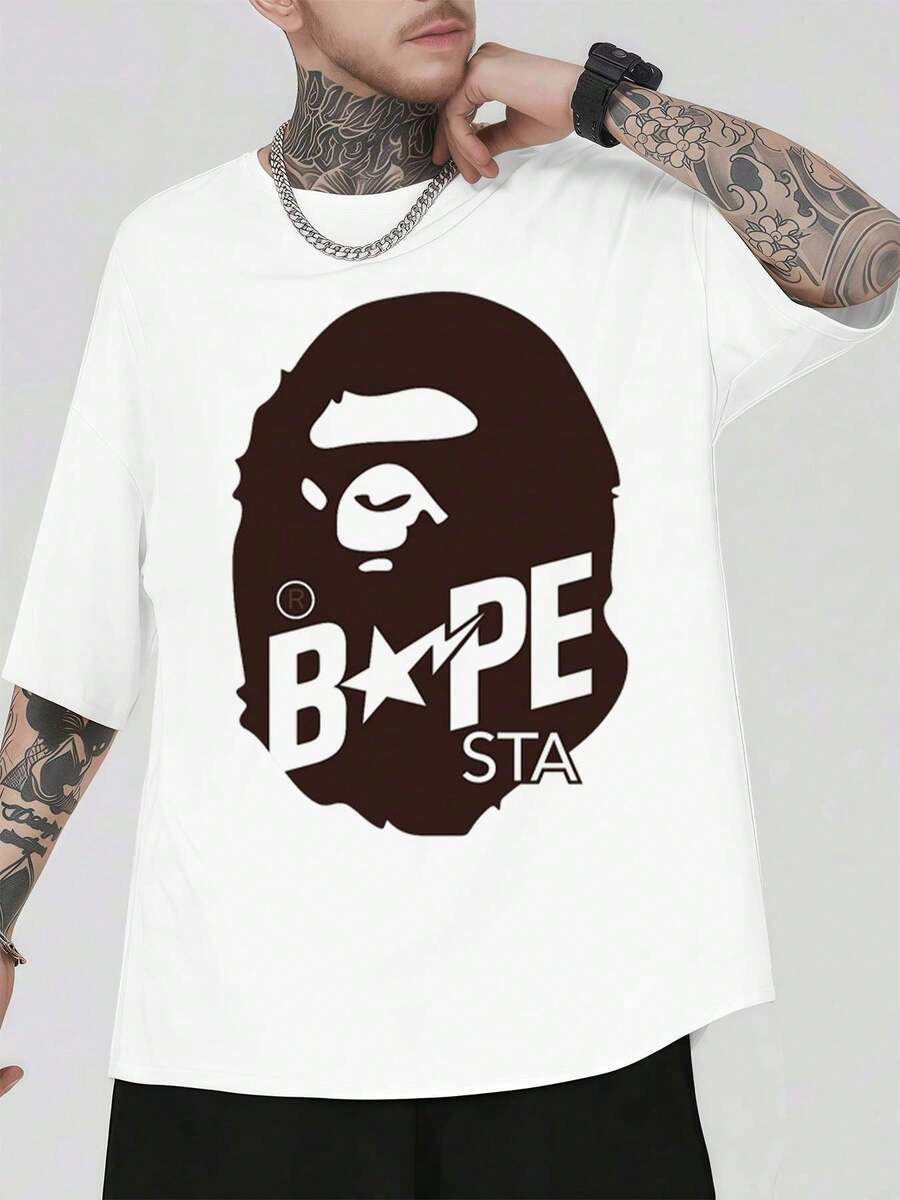 T-Shirt With Monkey Head Graphic Print, Premium Fabric, Round Neck, Loose Fit, Comfortable, Artistic Print - trắng - Xem 1