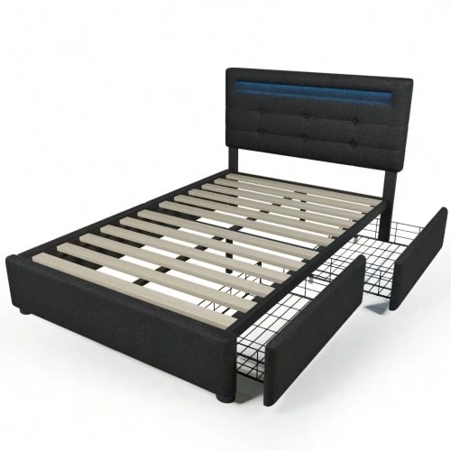 Bed Frame With LED Lighting And 2 Drawers, Single Upholstered Bed 90x200cm, Height-Adjustable Headboard, Wooden Slatted Base, Grey (Mattress Not Included) - 黑色2 - 查看 1