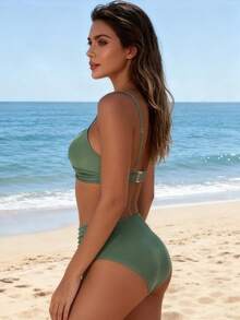 Bohemian Style High Waist Ruched Bikini Set - Army Green - View 5