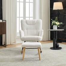 Schaukelstuhl Ergonomisch Incl. Fußhocker, Stabilizer Gummiholzrahmen, White, Der Um 30 Grad Schaukeln Kann, Stuhl Mit Hoher Rückenlehne & Fußstütze, Relaxsessel, Gepolsterter Relaxsessel Für Wohnzimmer - White - View 9