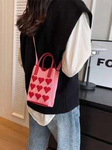 Super Cute Mini Knit Phone Bag With Heart Pattern, Checkered Wave Crossbody Small Bag, Handbag, Student Phone Bag