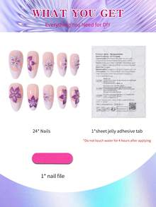24 قطعة ملصقات أظافر جل ثلاثية الأبعاد بشكل اللوز، زينة أظافر بأزهار اللؤلؤ، أظافر أكريليك فرنسية للضغط، مجموعة أظافر مزيفة بشكل اللوز مثالية للتركيب، تشمل: 1 قطعة جيلي جل و 1 قطعة ملف أظافر، مناكير بالأرجواني يجعل أطراف أصابعك تلمع بجمال، مناسبة للحفلات والرقص والاستخدام اليومي - الأرجواني - مشاهدة 3