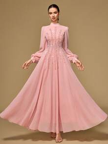 Women's Elegant Long Sleeve Dress With Stand Collar, Front Beaded Ruched Design, Dyed Button Closure - Pink - View 1