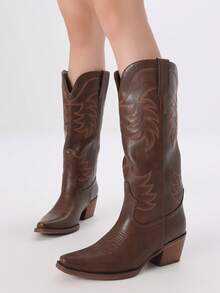 Cowgirl Boots For Women Knee High Western Boots Embroidered Pointed Toe Chunky Heel Pull On Vintage Classic Boots - 棕色 - 查看 5