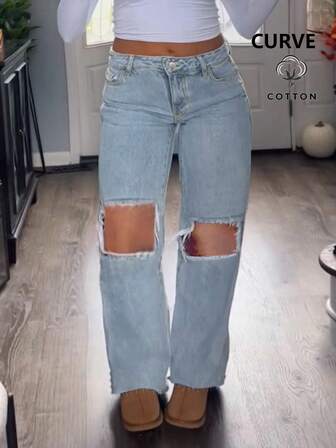 Pantalones vaqueros para mujer de cintura elástica alta, talla grande, diseño casual holgado y roto, popular en Estados Unidos