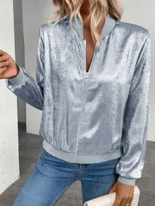 Keke Bloomly 女士新款轻薄长袖拉链休闲外套，闪亮金属面料，棒球款，时尚百搭，适合工作、度假等各种场合。