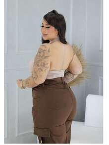 Cargo Jeans, Wide Leg, Plus Size, Caramel Color, Casual, Pocket, Button, Zipper, Wedding, Office - Coffee Brown - View 3