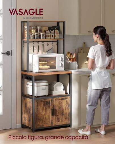 VASAGLE Scaffale Cucina con Prese, con Piano Alto 90 cm, Scaffale per Microonde con 8 Ganci, 40 x 60 x 170 cm, Marrone Vintage e Nero Inchiostro