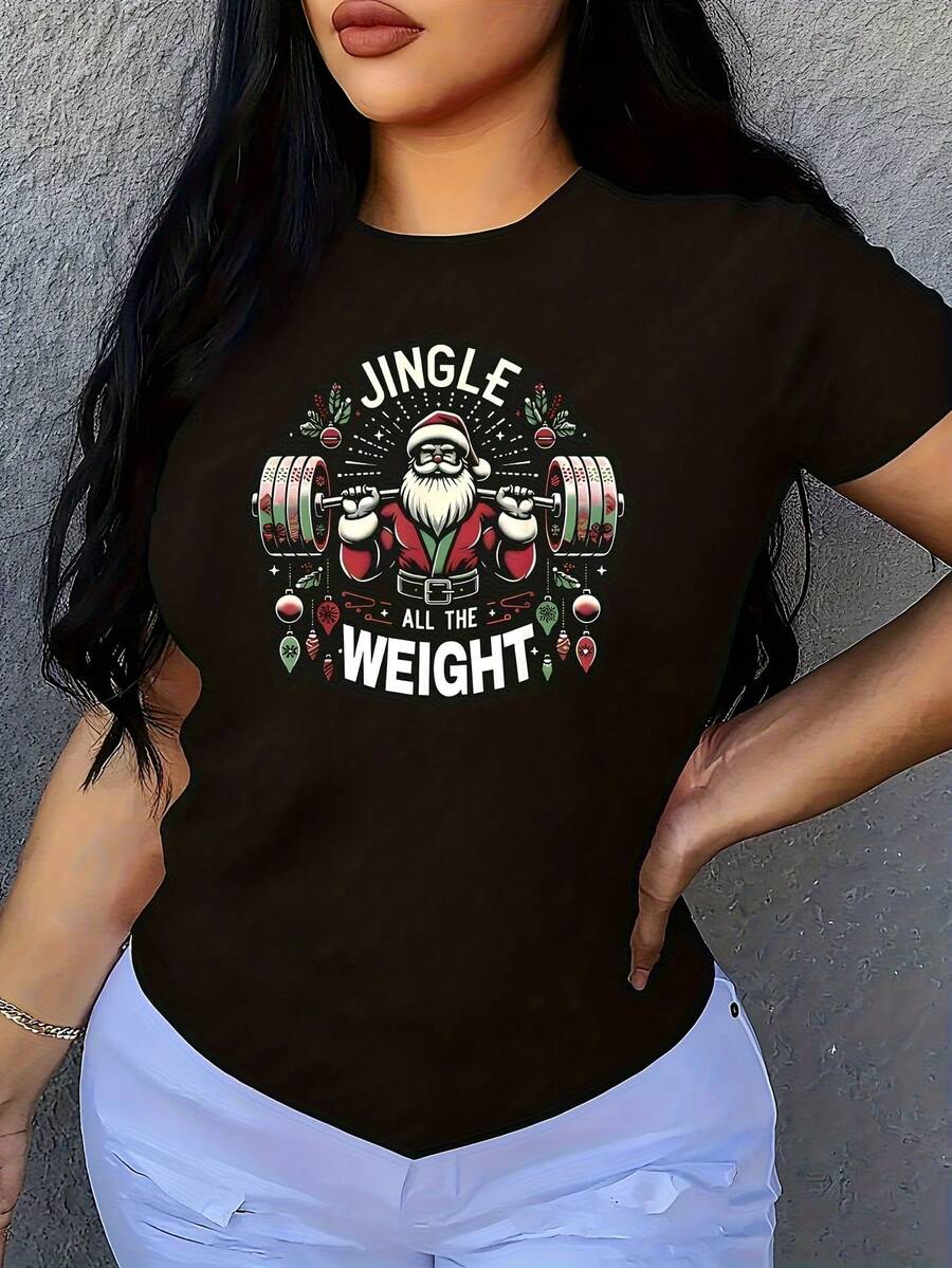 Christmas Gym Santa Jingle All The Weight Lifting Workout 1 Pcs Women's Plus Size T-Shirt Funny Oversized Graphic Short Sleeve Tee Novelty 100% Polyester Shirt Casual Crew Neck Top 220g - màu đen - Xem 1