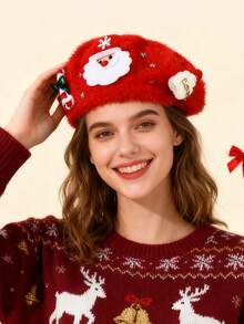 1pc Christmas Deer Horn Plush Santa Hat, Cute Fuzzy Earmuff Winter Warm Hat, Suitable For Autumn/Winter Christmas Holiday Wear