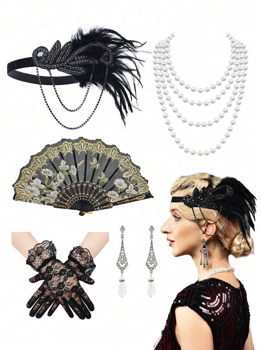 5pcs D EXCEED Women's Accessories Set - Headband, Earrings, Necklace, Gloves, Hand Fan, Suitable For Tea Party, Ball, Opera Costume, 1920s Vintage Party - Multicolor - View 1