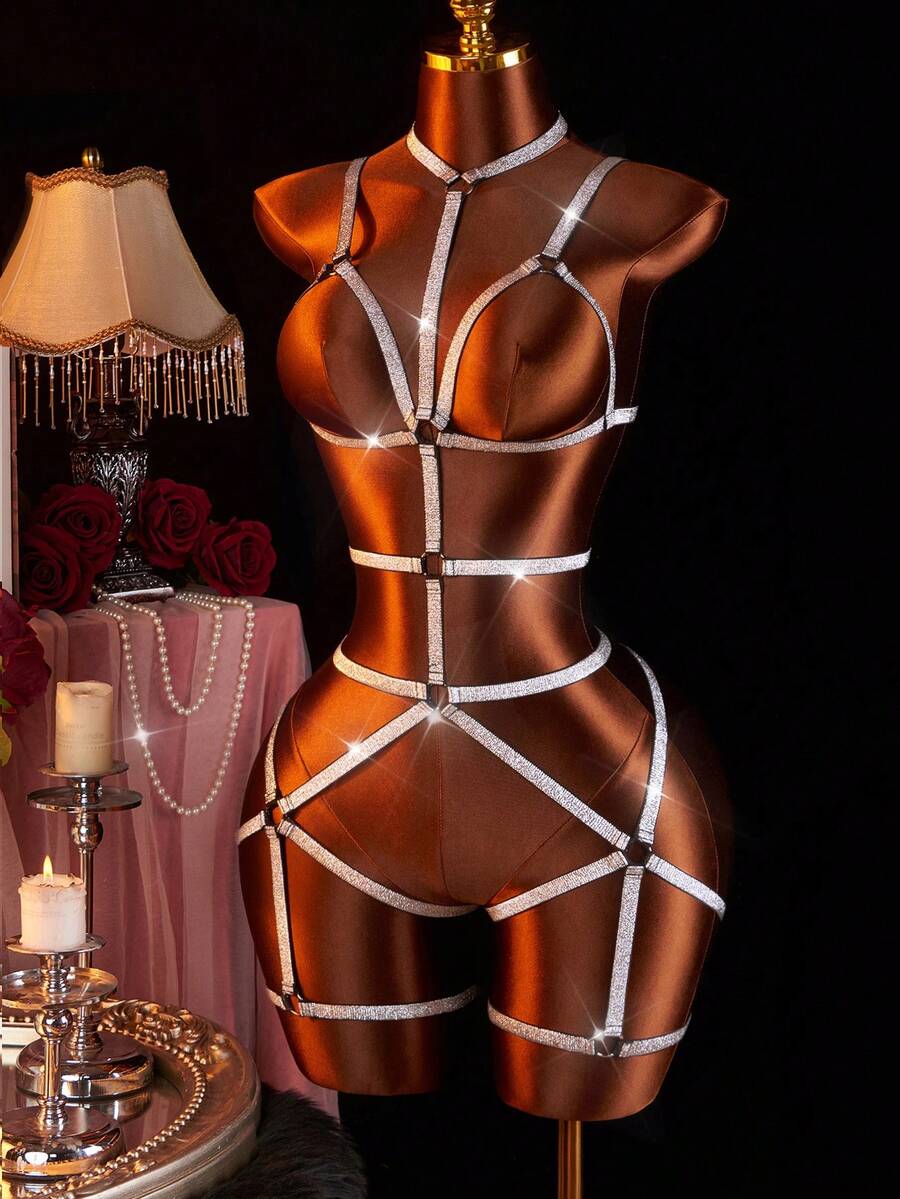 Bộ đồ lót nữ, áo ngực ren gợi cảm, quần lót và đai garter, trang phục lót hộp đêm, đồng phục quyến rũ - Bạc - Xem 1
