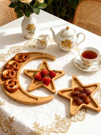1/2 Pcs Creative Star & Moon Wooden Dinnerware Set - Ramadan Decoration Tray With Irregular Crescent Bamboo Wood Board, Solid Wood Dry Fruit Snack Serving Tray, DIY Decor For Family Celebration Party Banquet Table Centerpiece, Unisex Eid Al-Fitr Gift, Kitchen/Restaurant Courtyard Tableware Set, Food Container, Lunch Box, Wooden Tray/Food Tray, Plate/Serving Plate/Dessert Plate/Cake Plate, Breakfast Platter, Kitchen Utensils
