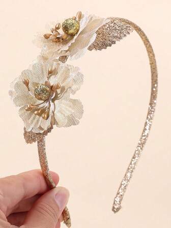 1 pieza Diadema con flores simuladas de color champán, diadema dorada brillante adecuada para fiesta, boda, niña de las flores, fotografía de cumpleaños, accesorio para el cabello para niñas
