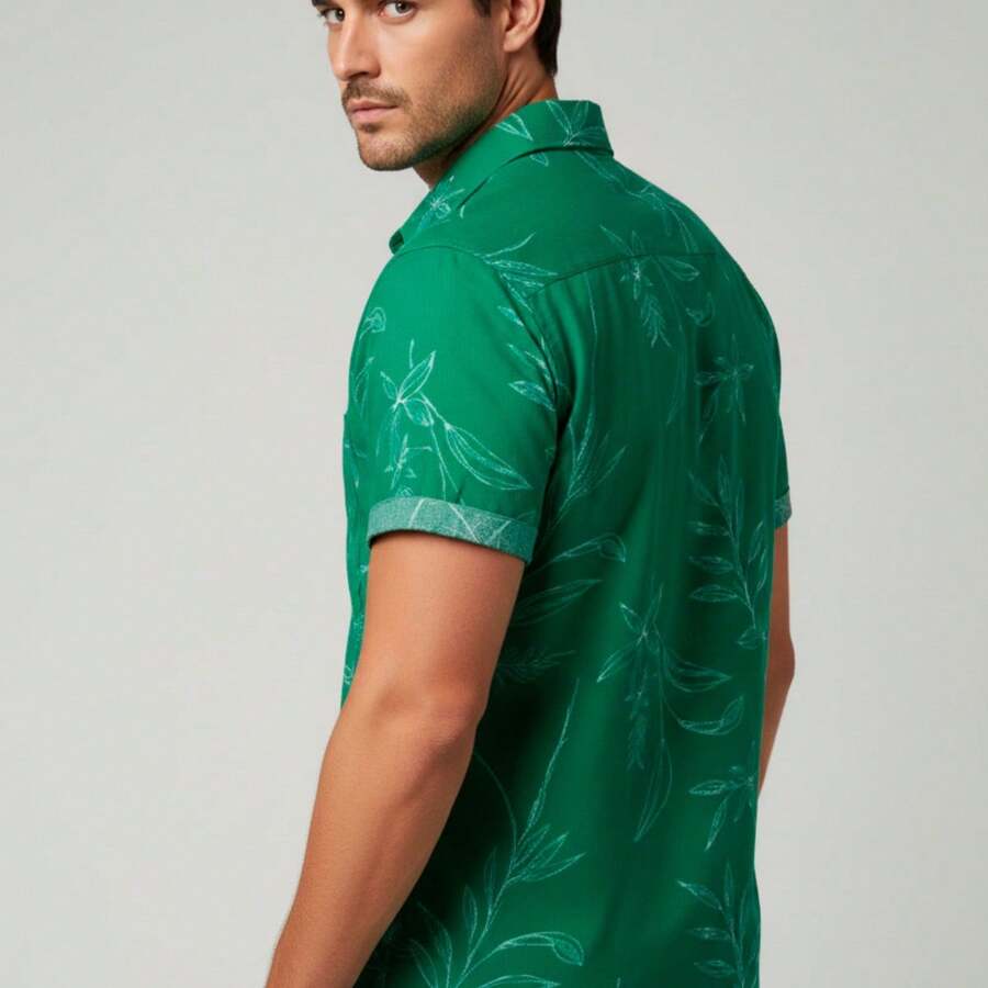 Men's Viscose Flower And Leaf Print Shirt 2023 - Green - View 1