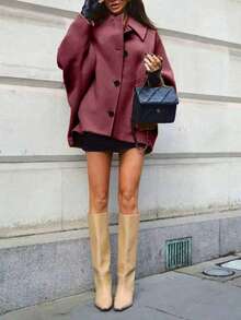 Women's Elegant Casual Autumn Coat, Lapel Collar Long Sleeve With Pockets, Short Double-Breasted Design - Burgundy - View 5