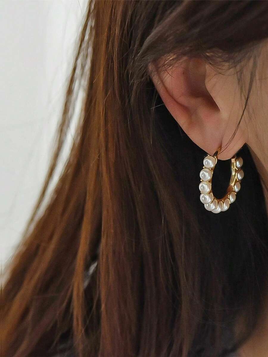 MESTILO 2入組歐美時尚金屬圓環珍珠圖案耳釘和耳環，適合作為女士生日禮物 - 金色 - 查看 1