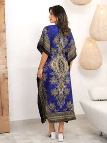Long Kaftan Dress With Vibrant Colors And Print -  Fashion - 寶藍色 - 查看 3