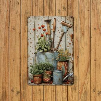 Letrero de metal vintage de herramientas de jardinería y plantas en macetas - Arte de pared de 8X12" para decoración del hogar, bar, cafetería y garaje. Construcción de hierro resistente, fácil de instalar