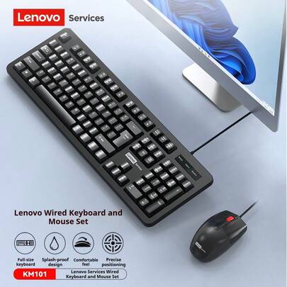 Lenovo 联想 KM101 键盘鼠标套装：有线鼠标，符合人体工程学的扁平键帽，丝印字符不会随着时间推移而磨损，USB 即插即用，适合学生、办公室和家庭使用。