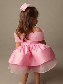 Baby Girl Cute Bow Off Shoulder Strap Tulle Princess Dress, Puff, Wedding, Flower Girl, Birthday Party, Gathering - Pink - View 6