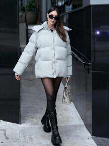 女士浅灰色羽绒服，带帽中长款冬季外套，休闲优雅日常街头服饰 - 灰色 - 查看 5