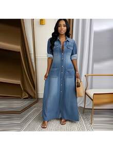 Women's Blue Gradient Denim Dress Shirt Collar With Button Design Multi-Pocket Loose Long Style - Màu xanh lam - Xem 2