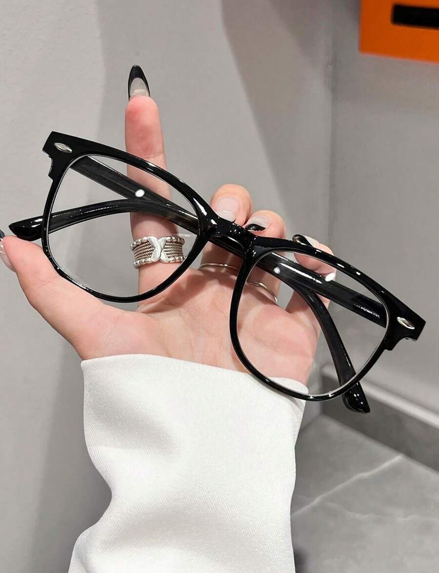 1 Pc Women Black Plastic Oval-Shaped American Style Sexy Girl Hotgirl Campus Inspired Fashion Plain Glasses For Daily Office And School Use - 黑色 - 查看 1