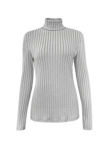 Women's Casual High Neck Solid Color Long Sleeve Brushed Ribbed Knit T-Shirt, Autumn/Winter