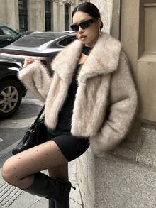 Luxurious Vintage Fashion Women's Thick Warm Jacket With Faux Fur Collar, Winter Coat, Soft Plush Fur - White Oatmeal - View 6