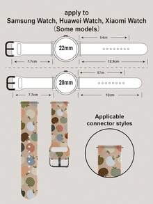 一条印有苹果图案的硅胶智能手表表带。这款通用型 20-22 毫米表带具有广泛的兼容性：兼容华为 Watch GT3/GT4、三星 Galaxy Watch6 以及 Series 1 至 Series 9、SE 和 Ultra（表壳尺寸 38-49 毫米）。