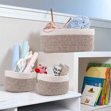 Juego de cestas de almacenamiento redondo de 3 piezas,canastas tejidas de cuerda de algodón natural para organizar Cesta pequeña para Montessori,guardería de bebé,Cesta de juguetes para perros y gatos - Borde blanco - Ver 3