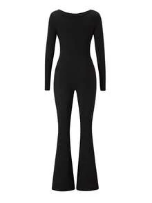 AiTyi Women's Jumpsuit, Well Fitted V-Neck Solid Color Slim Flattering Fashionable Sexy Casual Sports Outdoor Versatile Y2K Jumpsuit, Suitable For Graduation, Back To School, Christmas, New Year, Thanksgiving, Autumn/Winter Knit Long Sleeve Flared Leg Jumpsuit Black Spring Elegant - Black - View 10