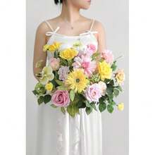 Yellow Pink Artificial Flowers Combo Set Fake Flower Leaf Box With Stemst For DIY Wedding Bridal Bouquet, Centerpieces, Home Decor, Floral Arrangement Decor,YellowPink - VàngHồng - Xem 4