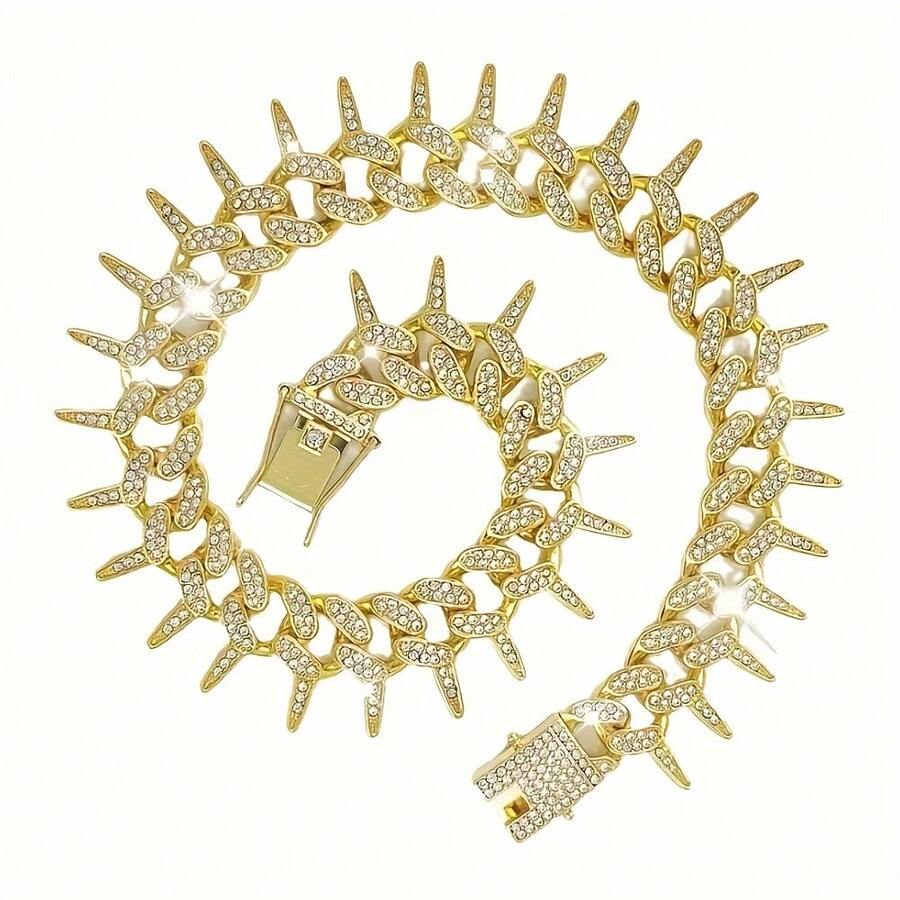 1pc Hip Hop Spiked Pet Cuban Chain, Dog Rhinestone Necklace, Metal Collar Accessory, Hip Hop Style Decor, Suitable For Daily Wear And Parties