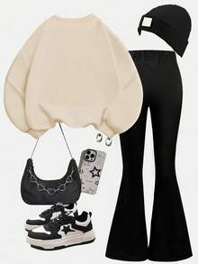 2pcs Set Girls Heart - Element Set, Comfortable Fabric, Spring & Autumn Street Activity & Daily Style - Apricot - View 3