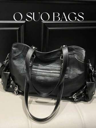 Vintage Large Capacity PU Leather Multi-Pocket Rivet Women's Shoulder Bag, Motorcycle Bag With Zipper Decor, Retro Style For Commuting And Daily Work, Tote Bag