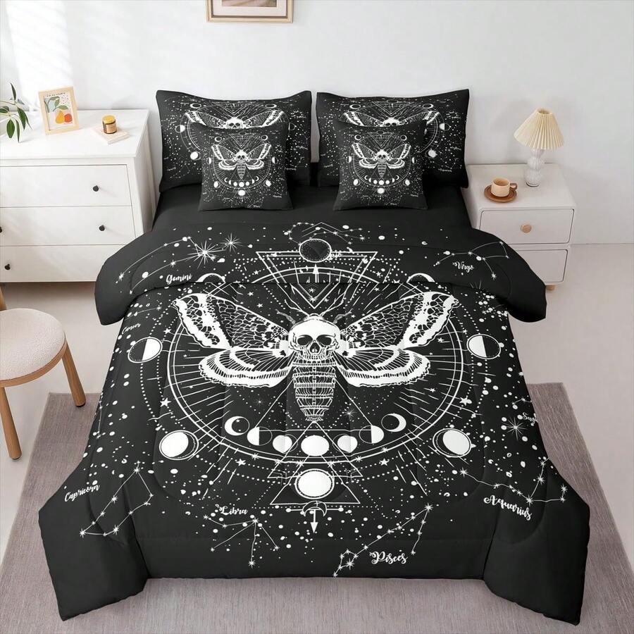 Erosebridal Boho Moth 7 Piece Bedding Set Gothic Skull Bed In A Bag Bohemian Moon Starry Sky Comforter With Sheets Exotic Skeleton Bones Bed Sets, For Valentine's Day, Christmas Happy New Year Room Decor, Perfect Gift For Birthday Housewarming - 黑白 - 查看 1