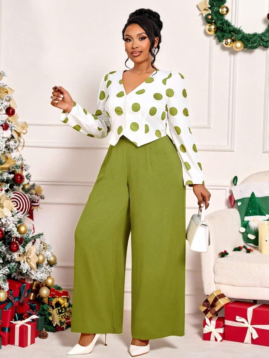 BIUBIU Damen Große Größen Herbst und Winter Pendler Alltags Lässig V-Ausschnitt Langarm Asymmetrischer Saum Kontrast Polka Dot Top und Taille gerade Hose Zweiteiler Set