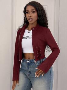 Jaqueta Feminina de Alta Qualidade, Nova e Versátil, de Estilo Minimalista Casual, Cor Sólida, Gola Reta, Design de Zíper Metálico, Jaqueta Feminina Ajustada, Adequada para Férias, Casa, Faculdade, Brunch, Transporte, Minimalista, Casual, Diária, Volta às Aulas, Dia da Independência Versátil - Vinho - Visão 2