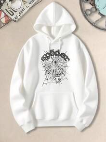 Graphic Oversized Hoodies Sweatshirts For Men, Spider Web Design With Bold Lettering  Winter Clothes Black White Options, Loose Fit Long Sleeve Pocket Pullover, Boys Sweatshirts, Winter Fashion Pullover Tops, Suitable For Parties, Outdoor Activities, And Leisure, Gift For Men, Holiday Gift, Perfect Gift, Size S-3XL - trắng - Xem 2
