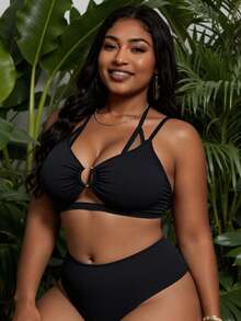 Slaydiva Plus Size Bikini Tops Cincin Plain Anggun - Hitam - View 4