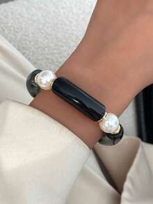 1pc Bohemian Geometric Arc Faux Pearl Resin Cuff Bracelet, Luxurious Casual Party Women's Couples Wedding Holiday Versatile Jewelry Resin Bracelet Gift (Slight Imperfections And Color Variations In The Resin Are Normal) - Bracelet - View 6