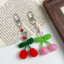 Winter Story New Handmade Knitted Cherry Beaded Five-Pointed Star Sweet Cherry Yarn Craft Phone Lanyard, Phone Charm, Earphone Charm, Bag Charm