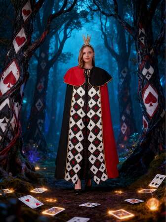 One Queen Of Hearts Cosplay Cape With Heart And Peach Patterns, King Of Hearts And Spades Cape, Perfect For Halloween, Carnivals, Festivities, Cosplay-Themed Parties, Celebrations, Stage Performances, Photography, Valentine's Day Gifts, Retro Style, And Dramatic Overall Look.