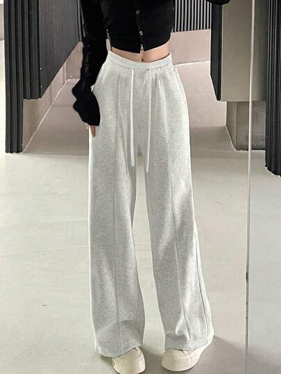 女士纯色休闲直筒宽松运动裤，高腰阔腿裤，秋季款