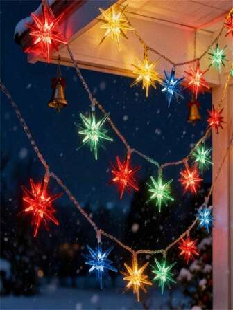 1条20/40 LED悬挂式绳灯 - 彩色爆炸星形串灯，电池供电（不含3节AA电池），适用于圣诞节、派对、帐篷和室内装饰，圣诞装饰，派对照明（不含3节AA电池）