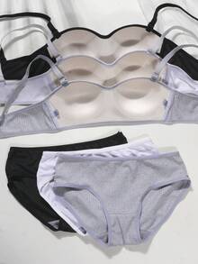 6pcs/Set Teen Girls Underwear Set - Wireless Lightly Lined Bras And Panties - Ribbed Stitching, Detachable Straps For Strapless Comfort. Simple Bra Set, Suitable For Young Girls. 3 Sets - Multicolor - View 8
