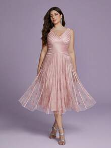 V-Neck Printed Mesh Draping Gown, High-End Evening Wear,Pink Dress - Pink - View 6